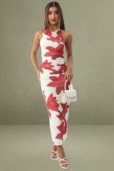White Floral Halter Neck Bodycon Dress