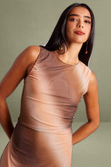 Brown Abstract Bodycon Dress Round Neck Sleeveless Mesh