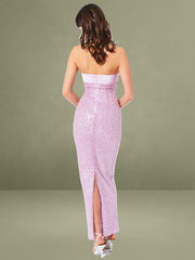Lainey Purple Satin Sequin Pearls Beaded Maxi Dress