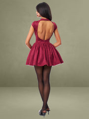 Backless Burgundy Mini Puffy Suede Dress