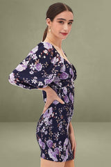 Print Shirred Dress Long Sleeve Mini