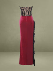 Gaia Burgundy Lace Velvet Corset Side Slit Dress