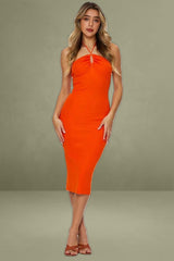 Orange Knit Dress Midi Halter Neck