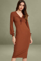 Brown Ribbed Drawstring Mid-length Dress