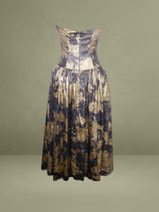 Gold Tie Dye Bronzing Strapless Drop Waist Midi Dress