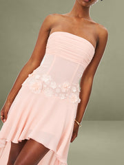 Pink Ruched Breast Appliqué Trim Trailing Dress