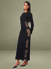 Lace Trim Crystal Net Cutout Long Sleeve Gown