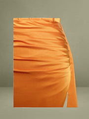 Elayna Orange Strappy Satin Corset High Slit Gown