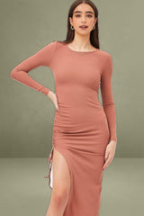 Brown Midi Dress Long Sleeve Bodycon