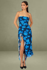 Black Floral Ruffle Dress Strapless Mesh