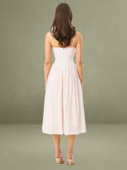 Pink Stripe Ruched Breast Cotton Jacquard Midi Dress