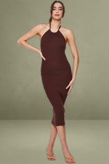 Brown Knit Dress Midi Halter Neck