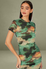 Green Abstract Maxi Short Sleeve Bodycon Mesh Dress