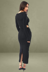 Black Textured Midi Bodycon Dress