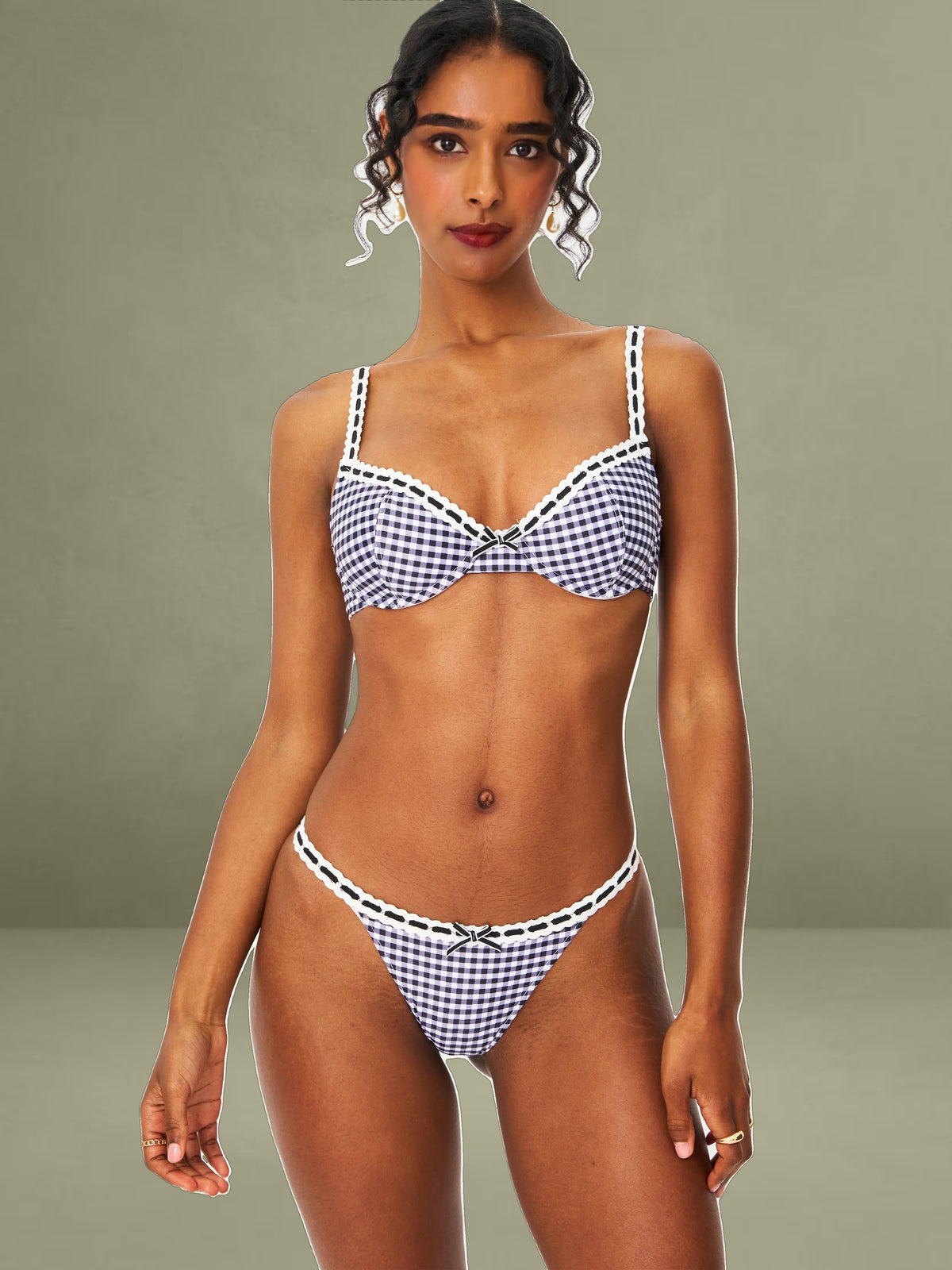 Genevia Gingham Lace Decoration Bikini Bottom