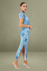 Blue Print Maxi Dress Short Sleeve Crew Neck Bodycon Mesh