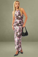 Brown Animal Print Bodycon Dress Halter Neck