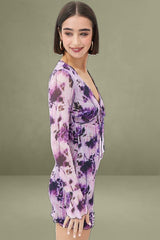 Purple Floral Mesh Long Sleeve Mini Dress