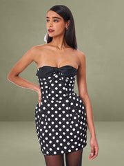 Tahira Black Polka Strapless Mini Dress with Bow