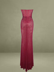 Burgundy Crystal Sleeveless Corset Mermaid Maxi Dress