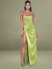 Prisa Lime High Slit Satin Corset Gown