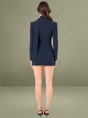 Tahlia Deep V Pinstripes Navy Blue Blazer Dress with scarf collar