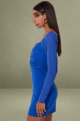 Blue Long Sleeve Mini Bodycon Mesh Dress with Hook & Eye