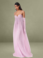 Wallie Pink Rhinestone Embellished Mesh Backless Gown