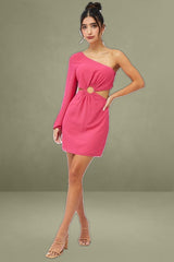 Pink Fuchsia One Shoulder Ring Detail Dress