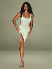 Ulissa Light Green Square Neck Jacquard Textured High Slit Maxi Dress