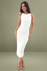 White Bodycon Dress Round Neck Sleeveless Burnout