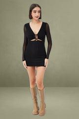 Black Animal Print Bodycon Dress Long Sleeve Mesh