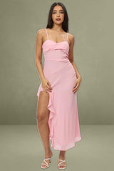 Pink Maxi Ruffle Slit Chiffon Bodycon Dress