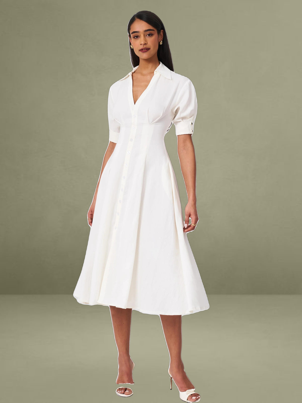 Palina Lyocell Pleated Midi Preppy Shirt Dress