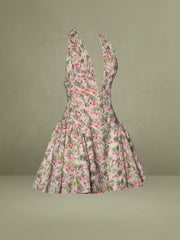 Mackenzie Green and Pink Floral Print Halter Linen Mini Dress