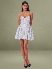 Melody Black and White Plaid Tweed Halter Drop Waist Mini Dress