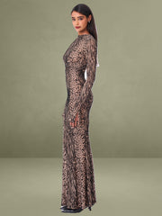 Waylynn Nude Black Animal Print Burnout Velvet Detail Mesh Backless Maxi Dress