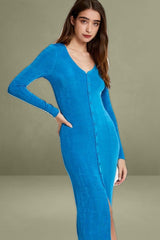 Blue Button Front Slinky Midi Dress