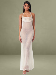 Zahya Lime Halter Backless Beaded Mesh Gown