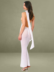 Olena White Burnout Velvet Animal Print Mesh Halter Neck Maxi Dress