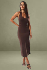 Brown Halter Neck Bodycon Maxi Dress