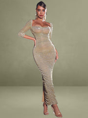 Sorrel Gold Ruched Chiffon Long Maxi Dress