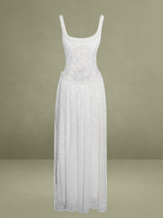 White Square Neck Jacquard Textured High Slit Maxi Dress