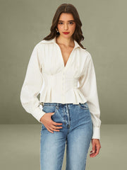 Sylvia White Pinstripe Deep V Pleated Shirt