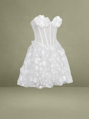 Pamila White Floral Mesh Puffy Mini Dress