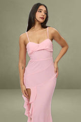 Pink Maxi Ruffle Slit Chiffon Bodycon Dress