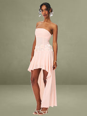 Pink Ruched Breast Appliqué Trim Trailing Dress