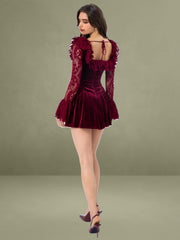 Yachira Burgundy Velvet Lace Flare Sleeve Mini Dress