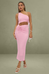 Pink Bodycon Dress One Shoulder Maxi