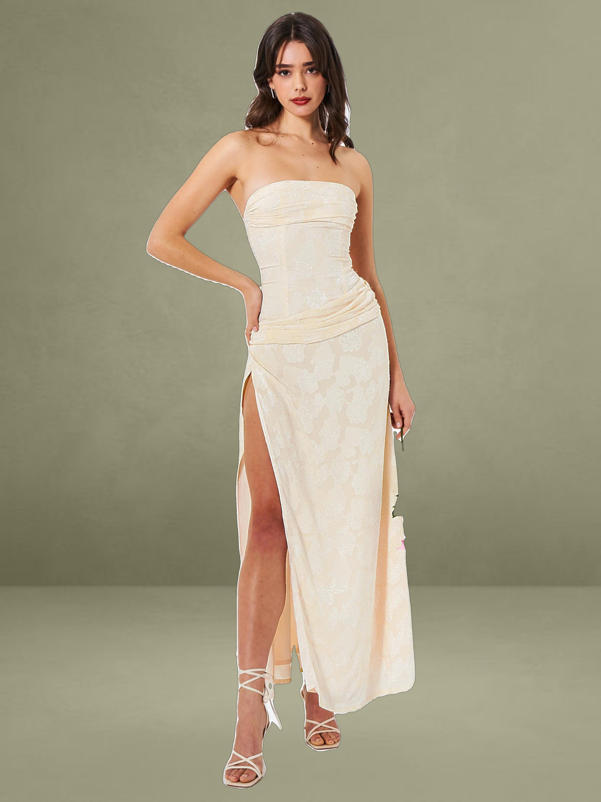 Xatia Off White Jacquard Textured High Slit Maxi Dress